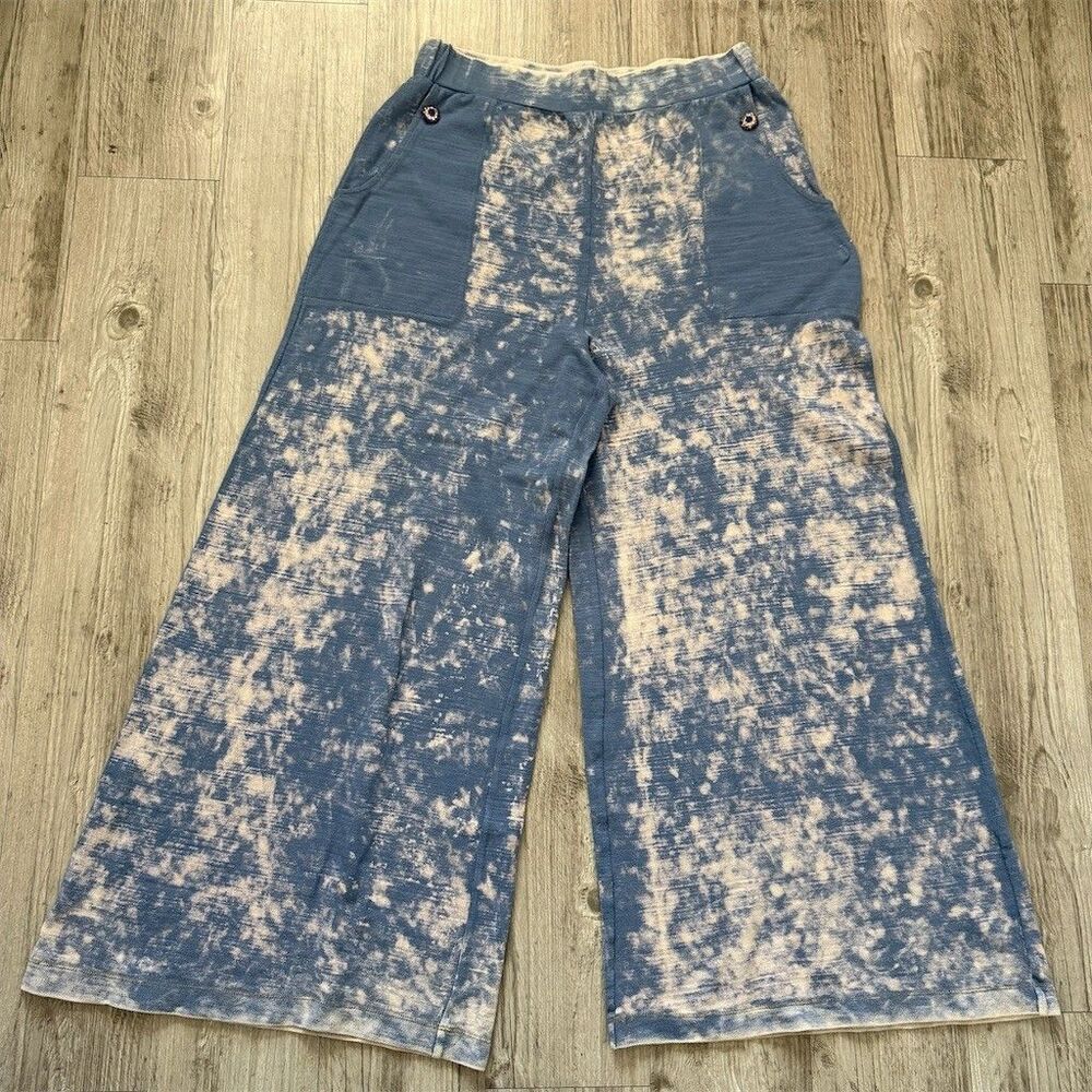 Aratta Silent Journey XL Pants Blue Bleach Wash Wide-Leg Palazzo Pull-On Artsy